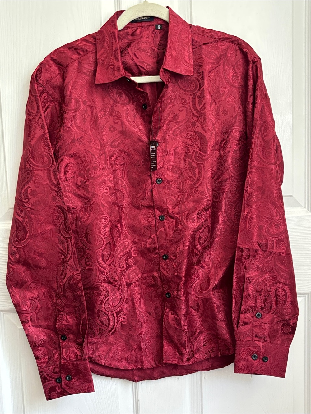 HISDERN Men's Red Paisley button down Dress Shirt Classic Collar Size Medium 16
